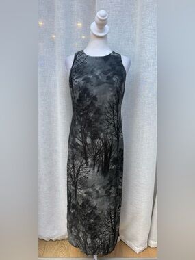 Petite Sophisticate gray black trees landscape scene sleeveless shift midi dress